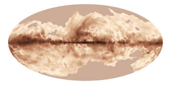 O campo magnético da Via Láctea, tal como foi visto pelo satélite Planck, uma missão da Agência Espacial Europeia, com contribuições significativas da NASA. Esta imagem foi produzida a partir das primeiras observações de todo o céu da luz polarizada emitida pela poeira interestelar da Via Láctea. Crédito: ESA and the Planck Collaboration.